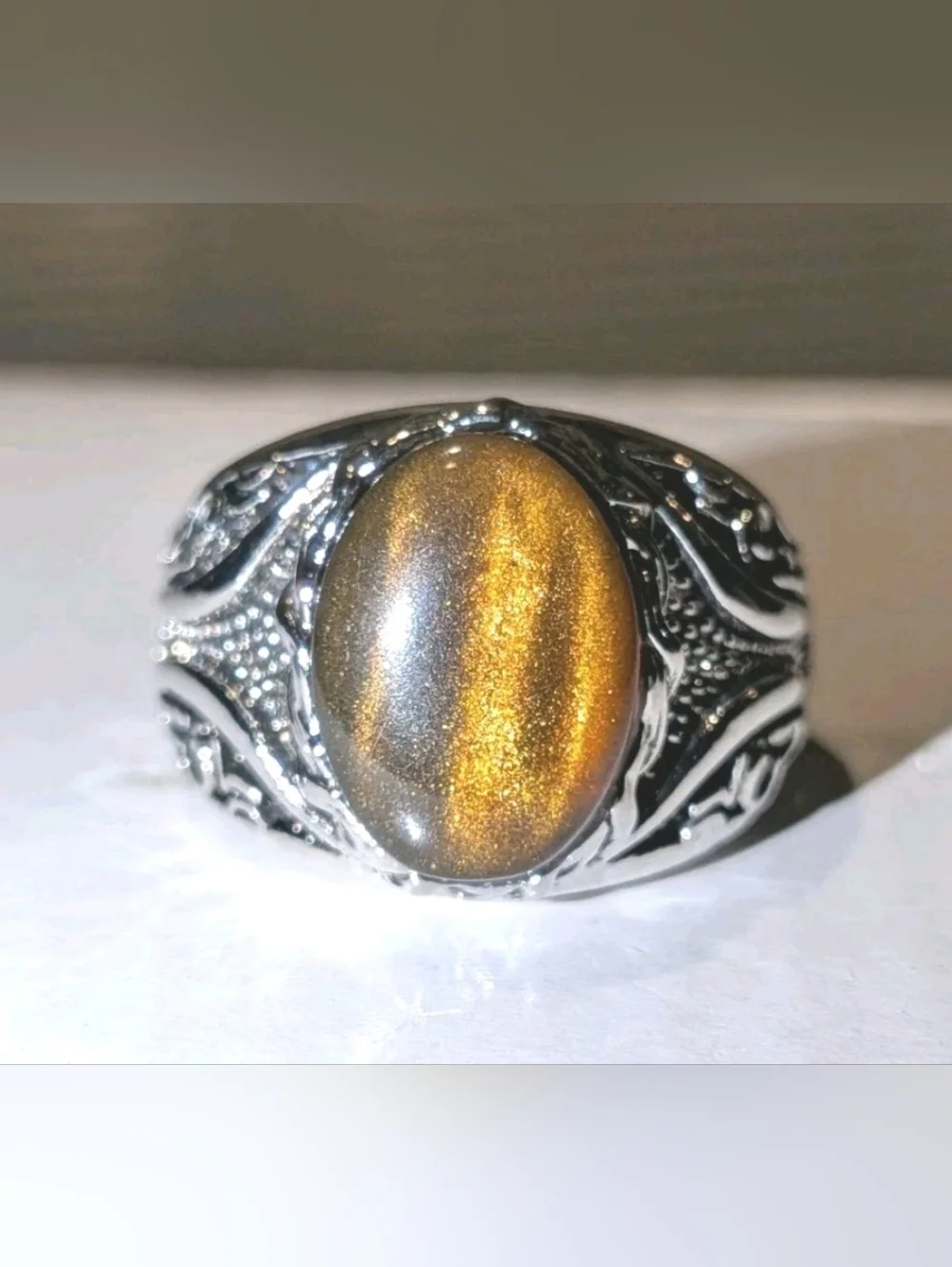 Men Oval Tiger Eye Gemstone Silver Plated Ring , Brown Veined Stone Ring Sz 10